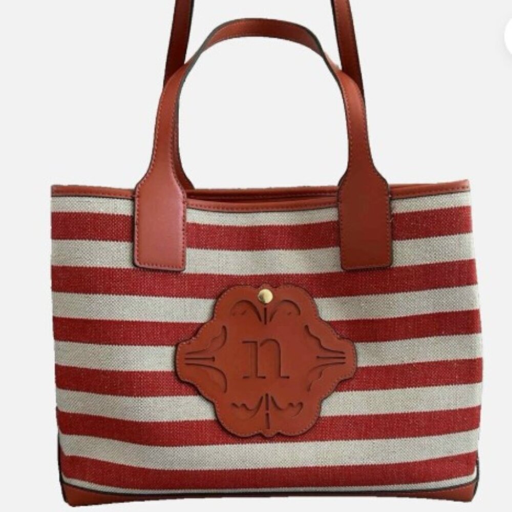 Nanette Lepore Whitley Satchel Shoulder Tote Bag - Striped Red Orange - Picture 2 of 5